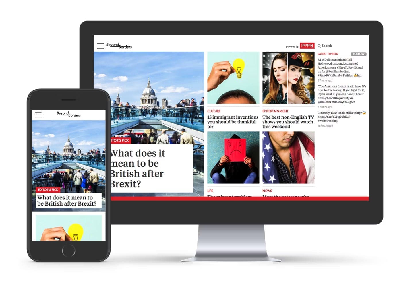 A smartphone and a monitor side by side showing the website "Beyond Borders". The top article is titled "What does it mean to be British after Brexit?"