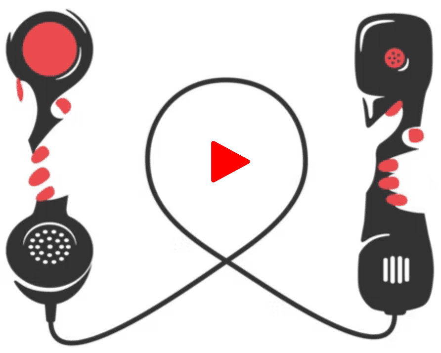 A cartoon of two black and red corded phone handsets linked together with a red play icon in the center